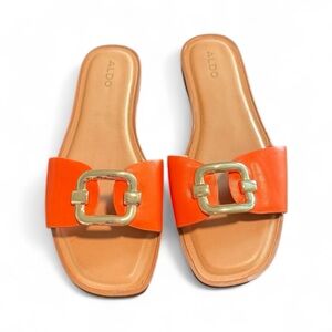 NWOB ALDO Orange Slide Sandals with Gold Buckle - 8-1/2